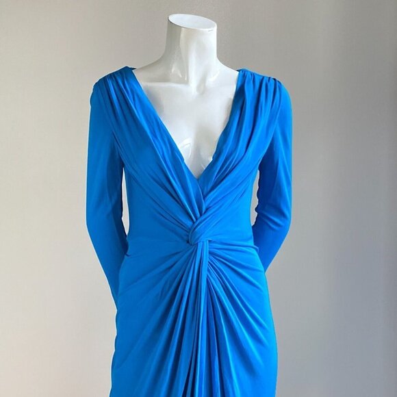 Badgley Mischka Bright Blue Plunging Neckline Ruched Detail Sexy Maxi Dress 0 - Picture 2 of 9